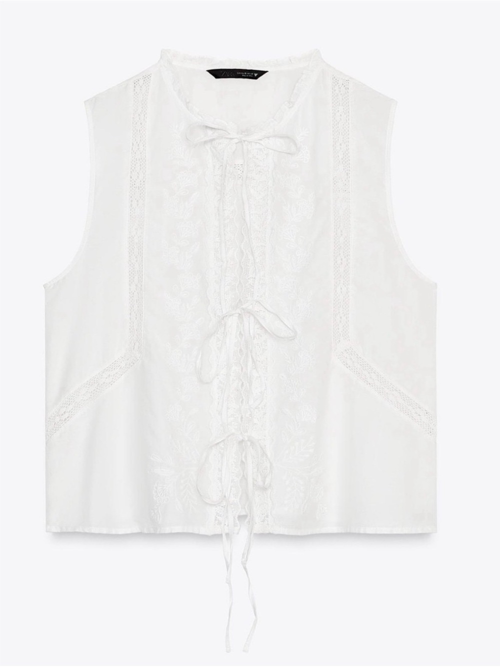 Zara White Sleeveless Lace-Front Tie Blouse